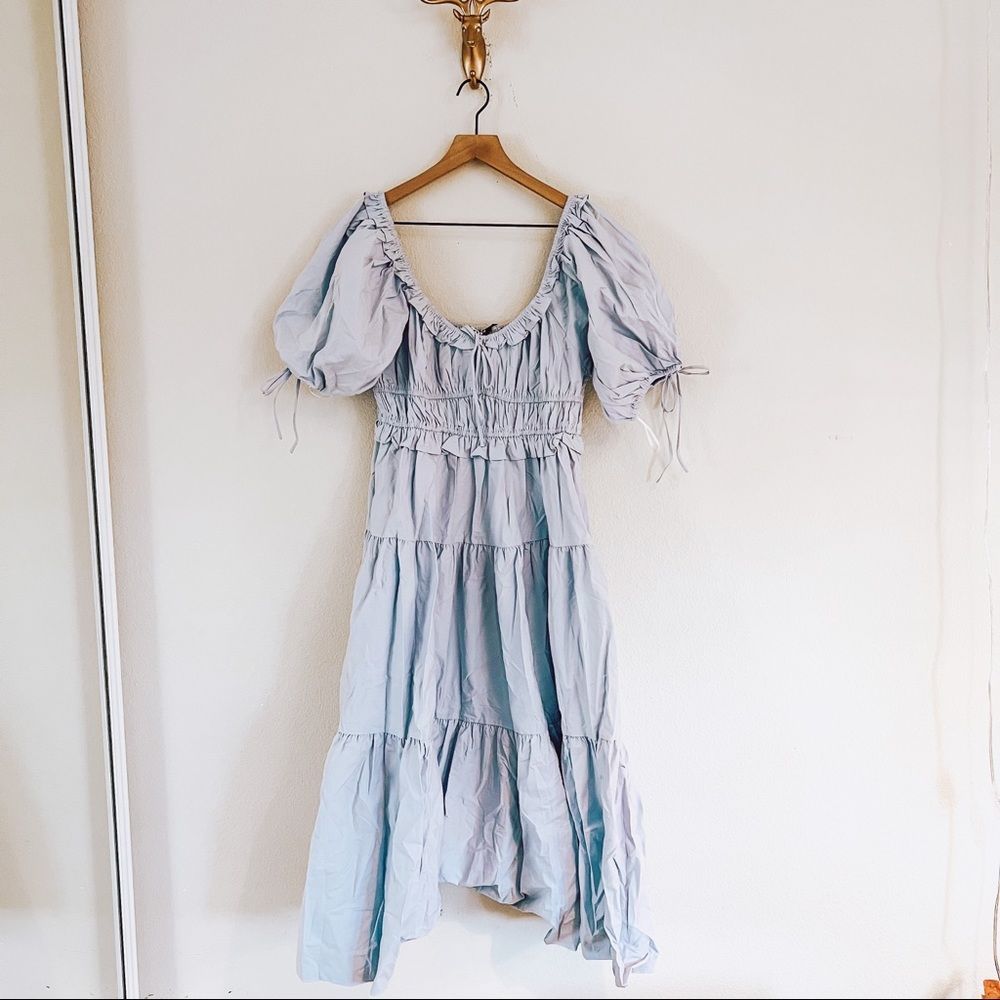 En Saison Light Blue Puff Sleeve Midi Dress